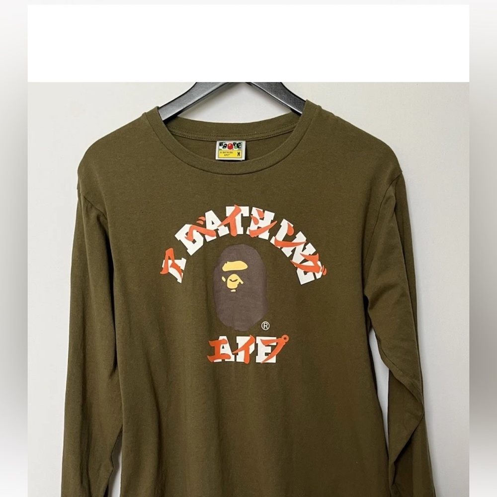 A Bathing Ape Bape College Katakana Green Long Sleeve Tee with Logo size M